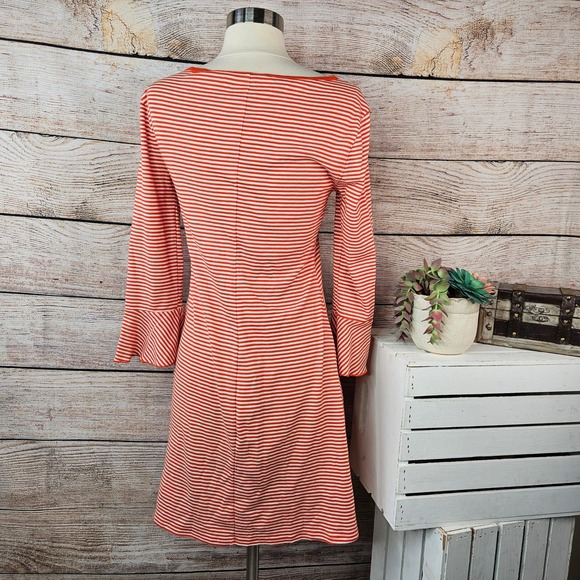 Three Dots Womens Orange White Striped Bell Sleeve Boat Neck Mini Dress Small - Picture 4 of 7